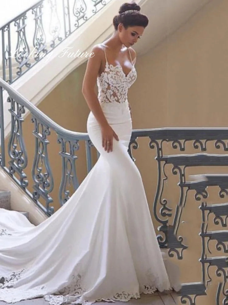 Modern Lace Satin Long Sweep Train Mermaid Wedding Dress