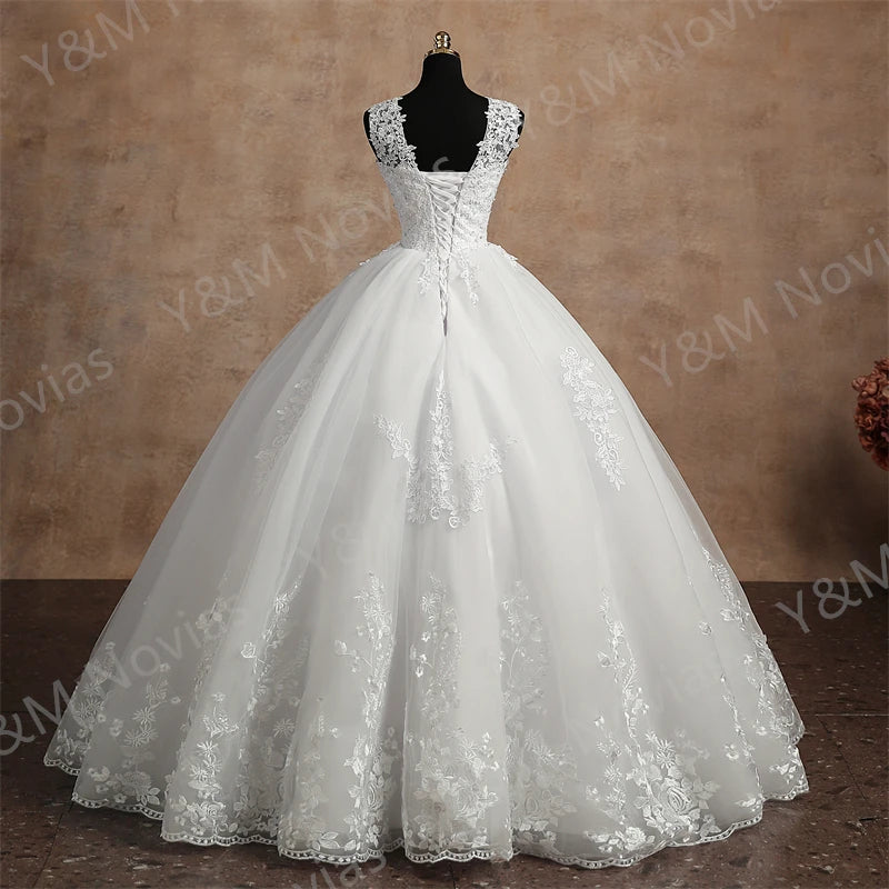 Real video Ball Gown Princess V Neck Wedding Dresses Sleeveless Sweetheart Lace Appliqus Bead Wedding Dresses For Women 2024