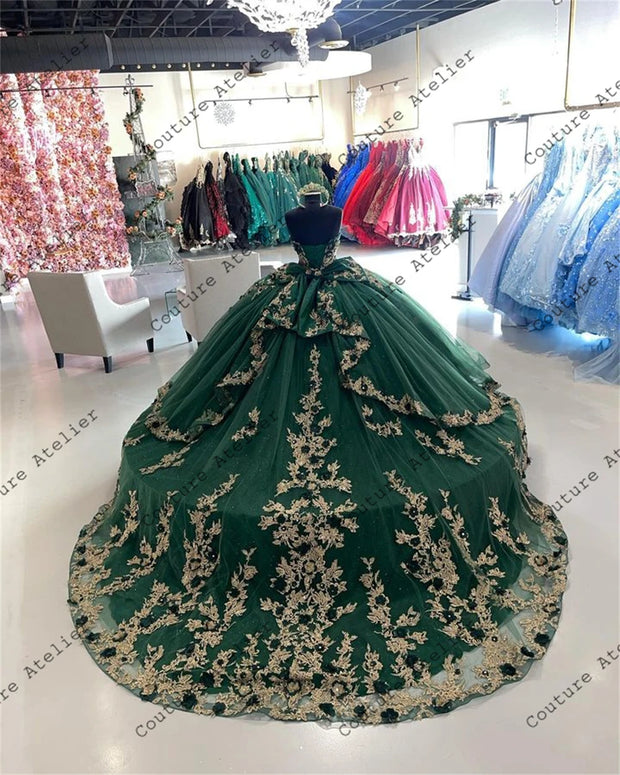 Vintage Green Light Gold Appliques 3D Flowers Quinceanera Dress