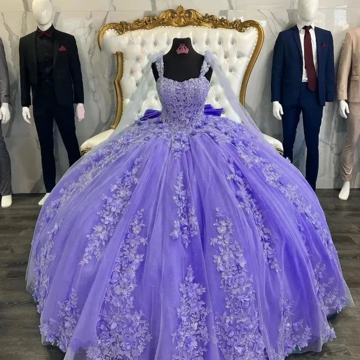 Glittering 3D Flowers Quinceanera Dresses with Big Bow