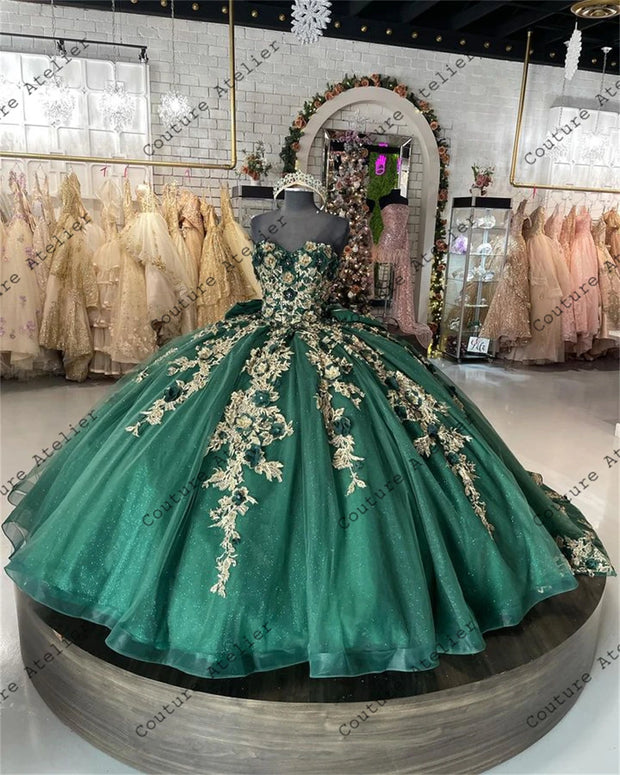 Vintage Green Light Gold Appliques 3D Flowers Quinceanera Dress