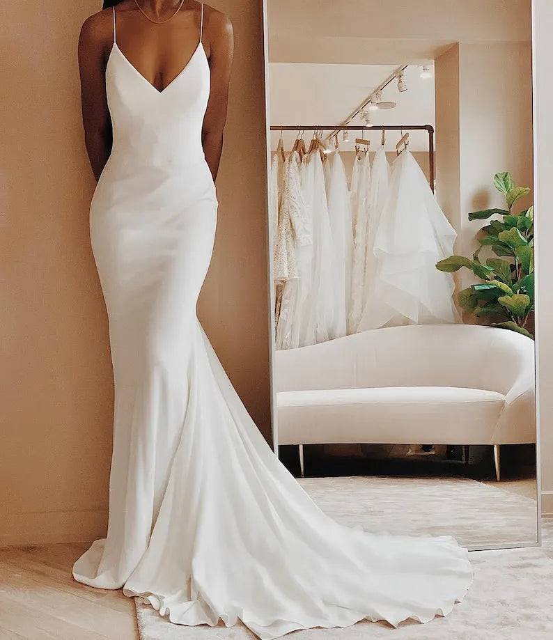 Satin V-neck Spaghetti Straps Backless Mermaid Wedding Dress