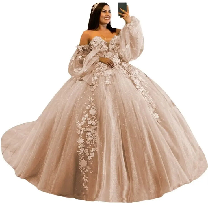 Puffy Sleeve Quinceanera Dresses Ball Gown 3D Floral with Train