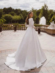 Satin Long Sleeve Applique Lace A-Line Wedding Dress