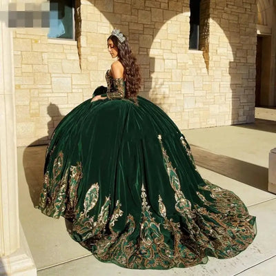Emerald Green Applique lace-up corset Quinceanera Dress