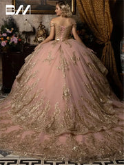 Gold Lace Ball Gown Off Shoulder Sweet 15 16 Quinceanera  Dress