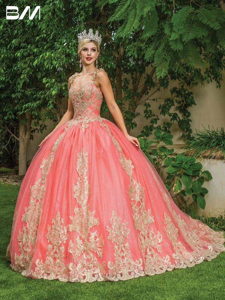 V Neck Golden Embellished Sweet 16 Quinceanera Dress