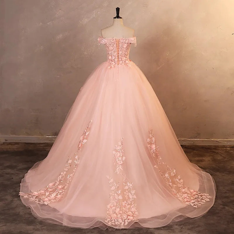 Sweet Flower Ball Gown With Tail A-line Wedding Dress