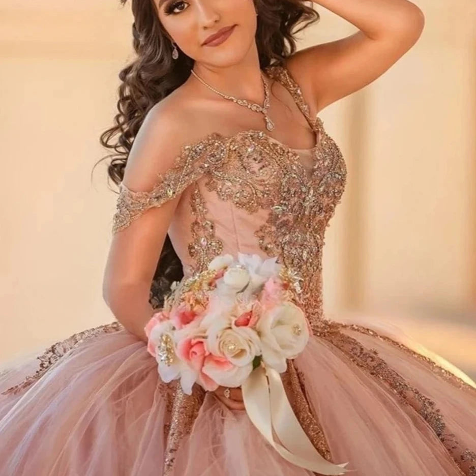 Sparkly Pink Rose Gold Quinceanera   Dress