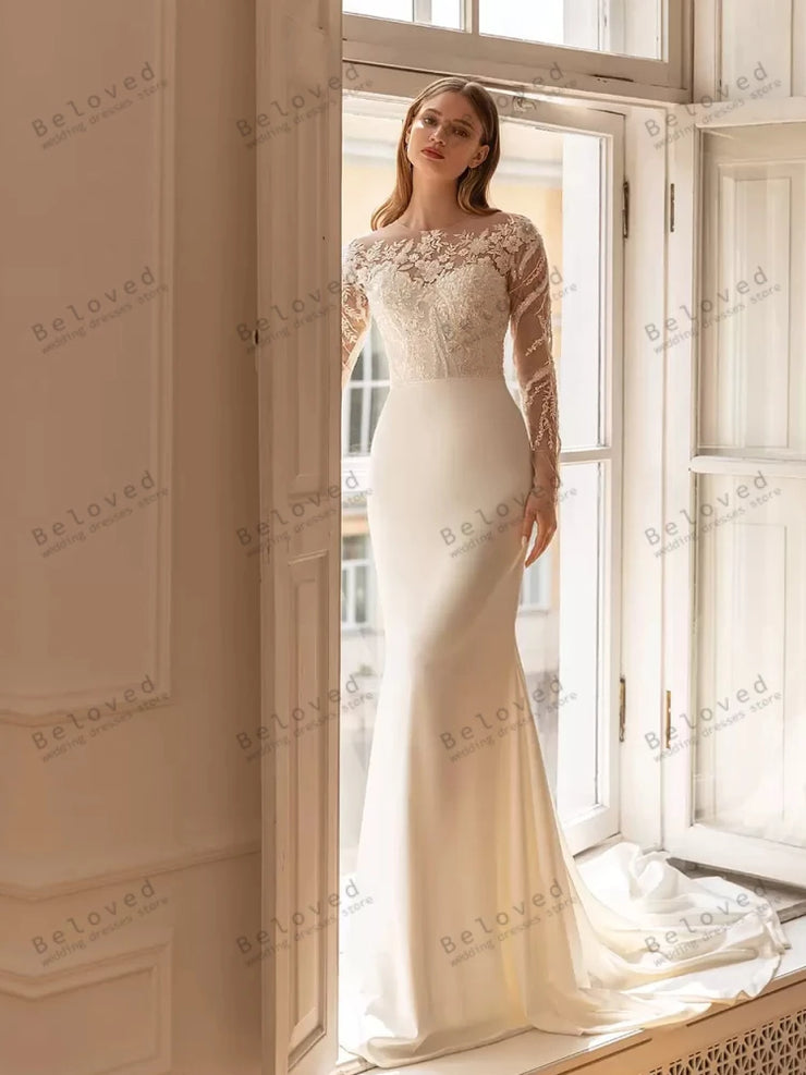 Elegant Wedding Dresses Modest Bridal Gowns Lace Appliques Satin Sheath Mermaid Floor Length Robes For Brides Vestidos De Novia