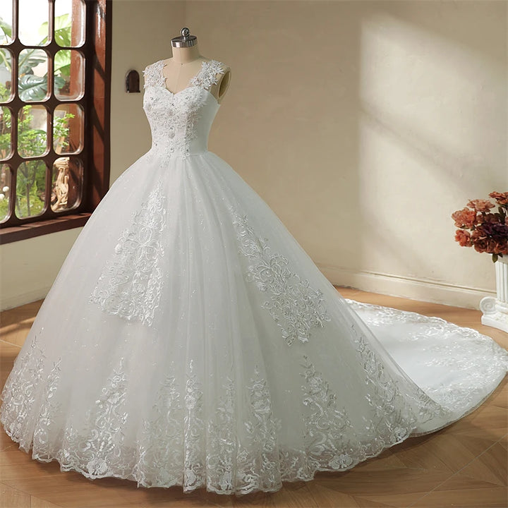 V Neck Long Train or Floor Length Appliqes Tulle  A Line Wedding Dress