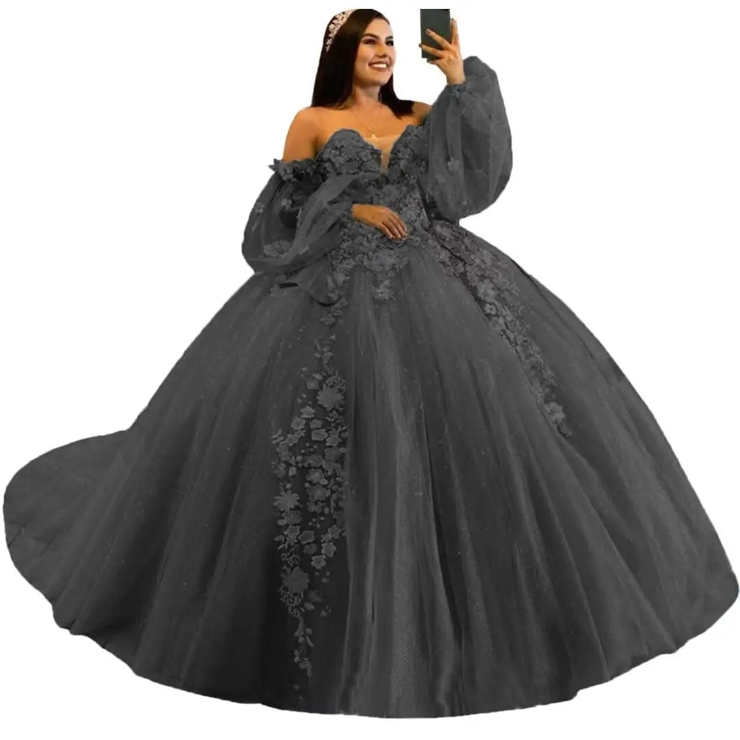 Puffy Sleeve Quinceanera Dresses Ball Gown 3D Floral with Train