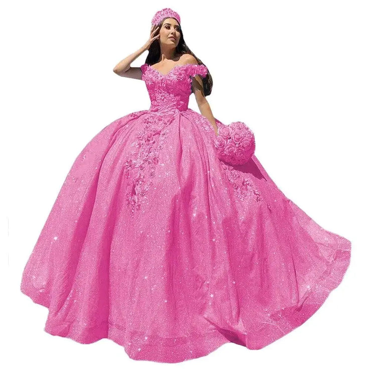 3D Floral Quinceanera Dress Sparkle Tulle Ball Gown