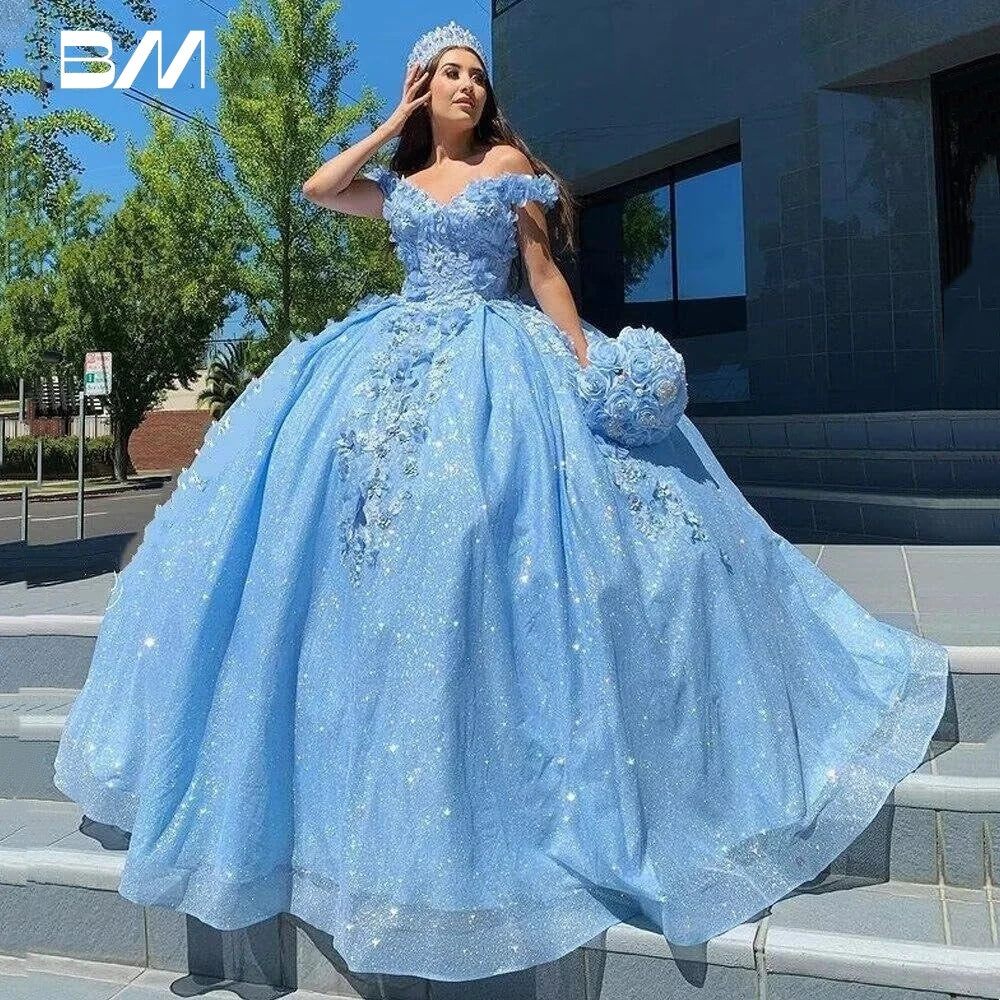 3D Floral Quinceanera Dress Sparkle Tulle Ball Gown