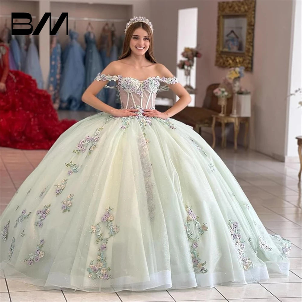 Puffy Beaded  Lace  Off  Shoulder Quinceanera Dress