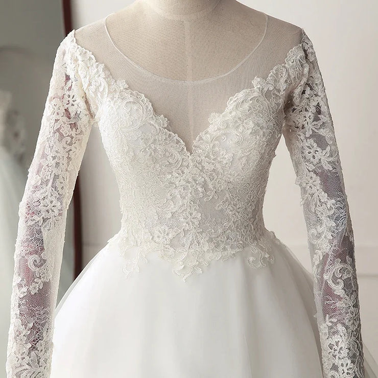 Vintage Long Sleeve Round Neck A-Line Wedding Dress