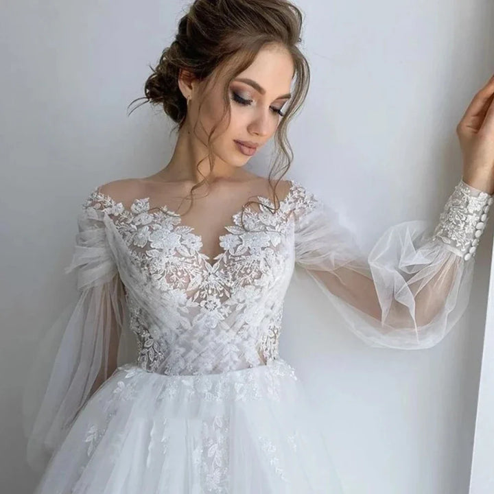 Elegant Fluffy Long Sleeves A-line Wedding Dress