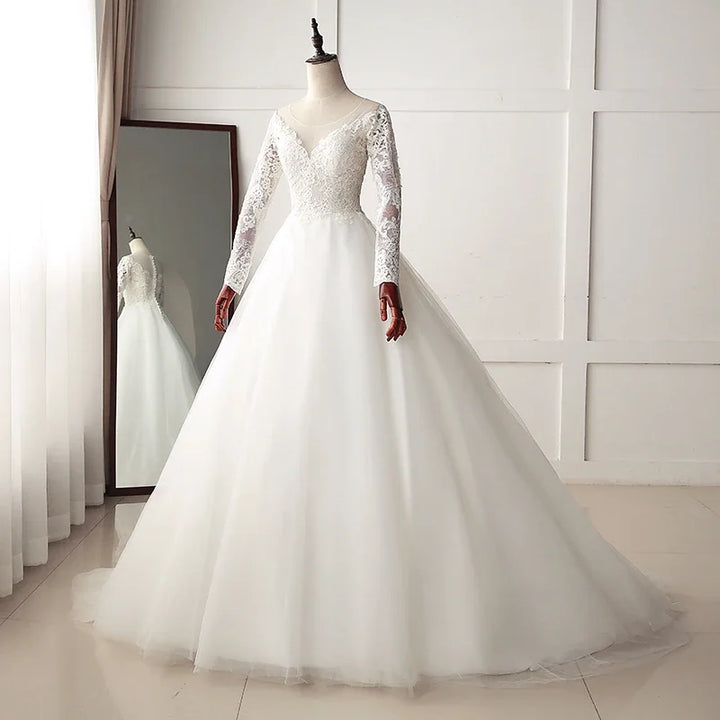 Vintage Long Sleeve Round Neck A-Line Wedding Dress