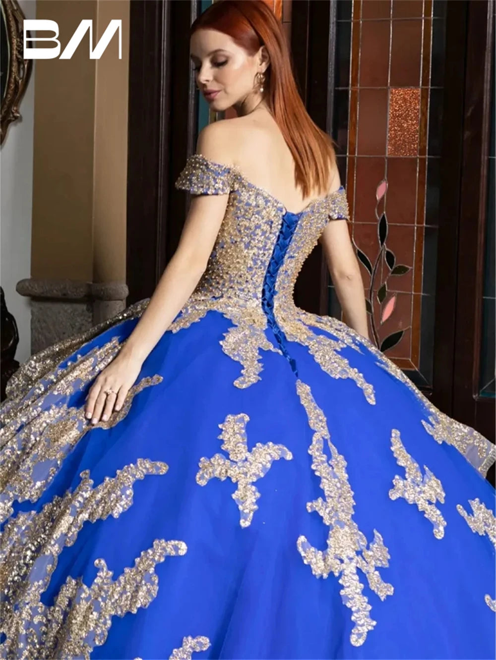 Gold Lace Ball Gown Off Shoulder Sweet 15 16 Quinceanera  Dress