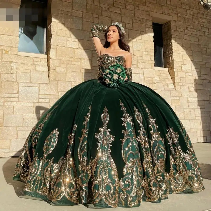 Emerald Green Applique lace-up corset Quinceanera Dress