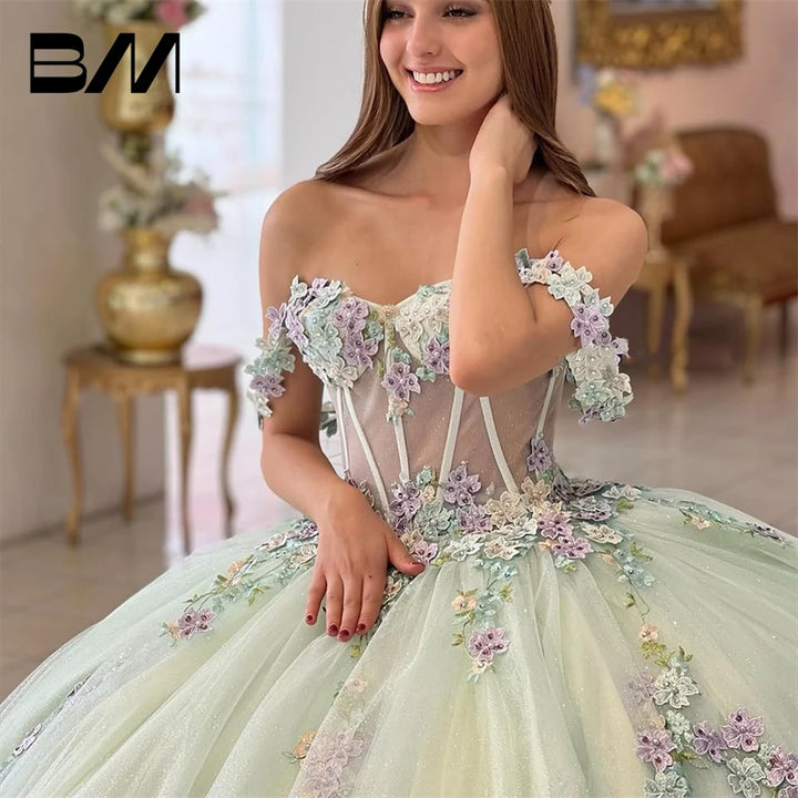 Puffy Beaded  Lace  Off  Shoulder Quinceanera Dress