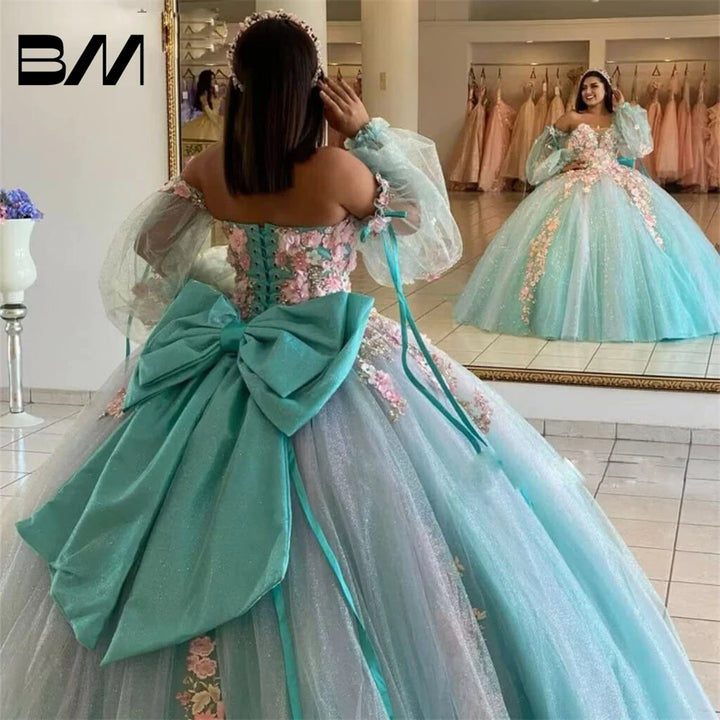 Puffy Sleeve Quinceanera Dresses Ball Gown 3D Floral with Train