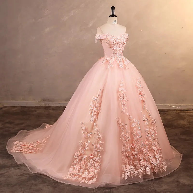 Sweet Flower Ball Gown With Tail A-line Wedding Dress