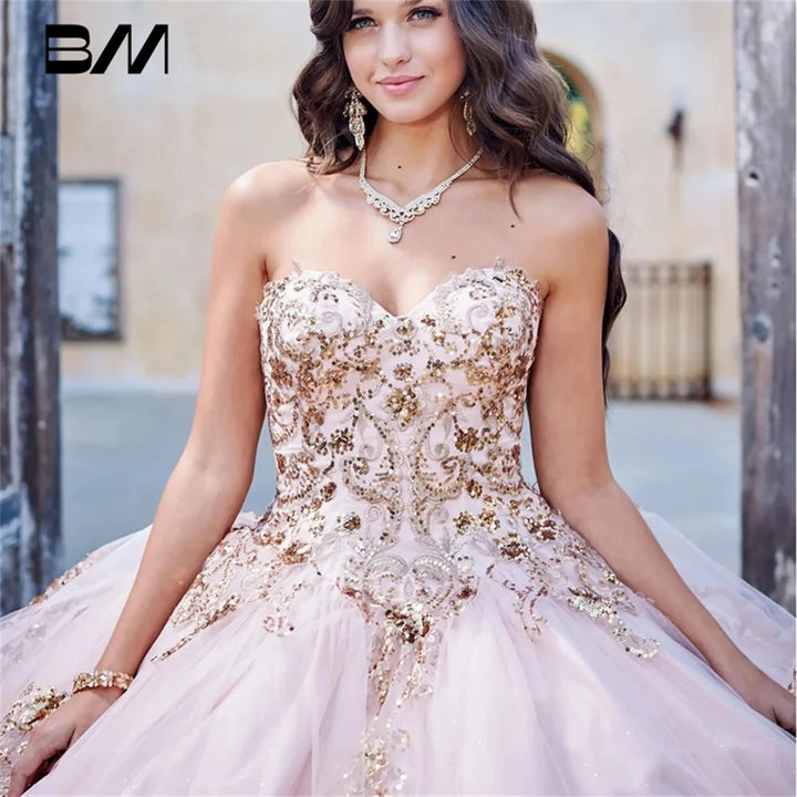 Detachable Puffy Sleeve Champagne | Gold Embroidered and Sequin Quinceanera  Dress