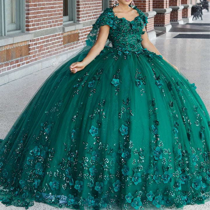 Emerald Green Quinceanera Dress With Cape