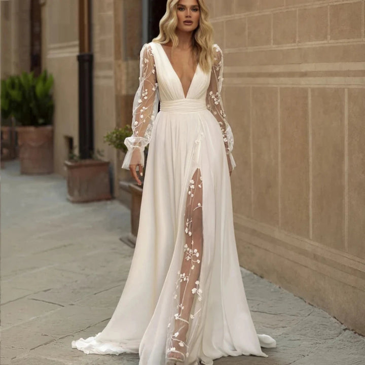 Lace Applique Fluffy Sleeves A-line Wedding Dress