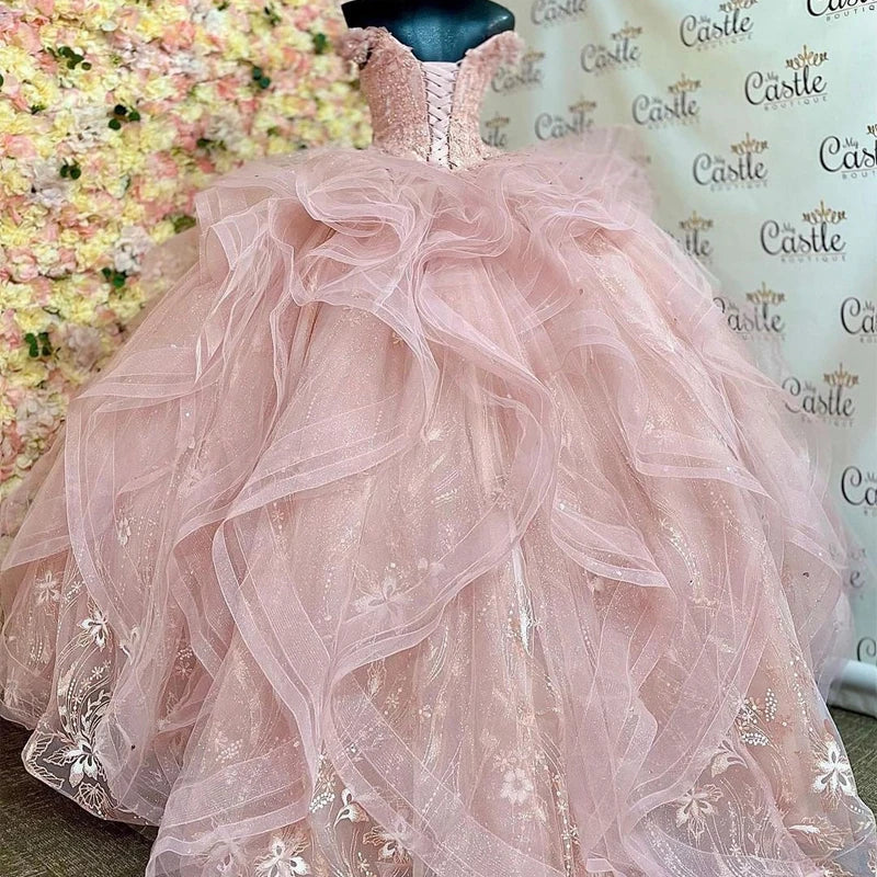 Glittering Pink Off-Shoulder Quinceanera Dress