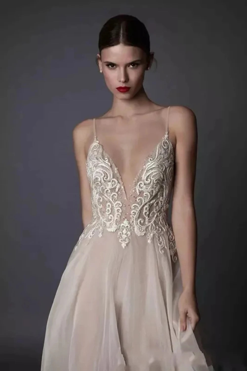 Spaghetti Straps Embroidered A-Line Wedding Dress