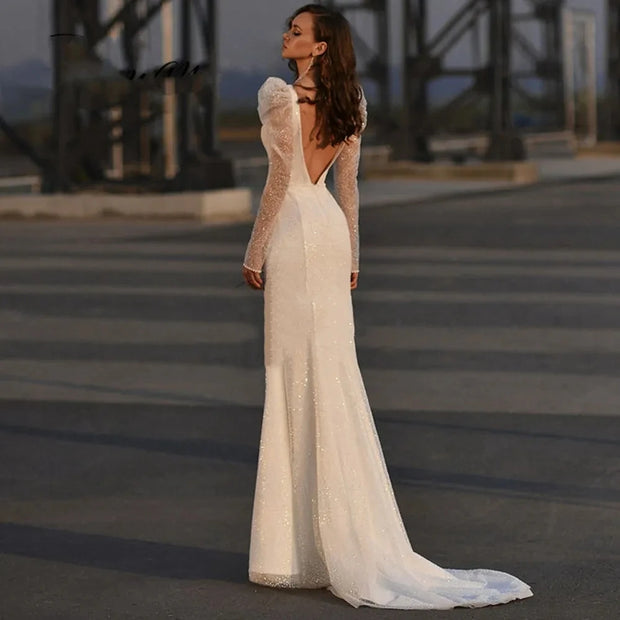Long Puff Sleeve V-Neck Backless Mermaid Wedding Dress