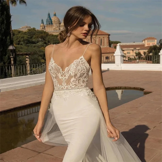 Satin Applique V-neck Detachable Skirt Mermaid Wedding Dress