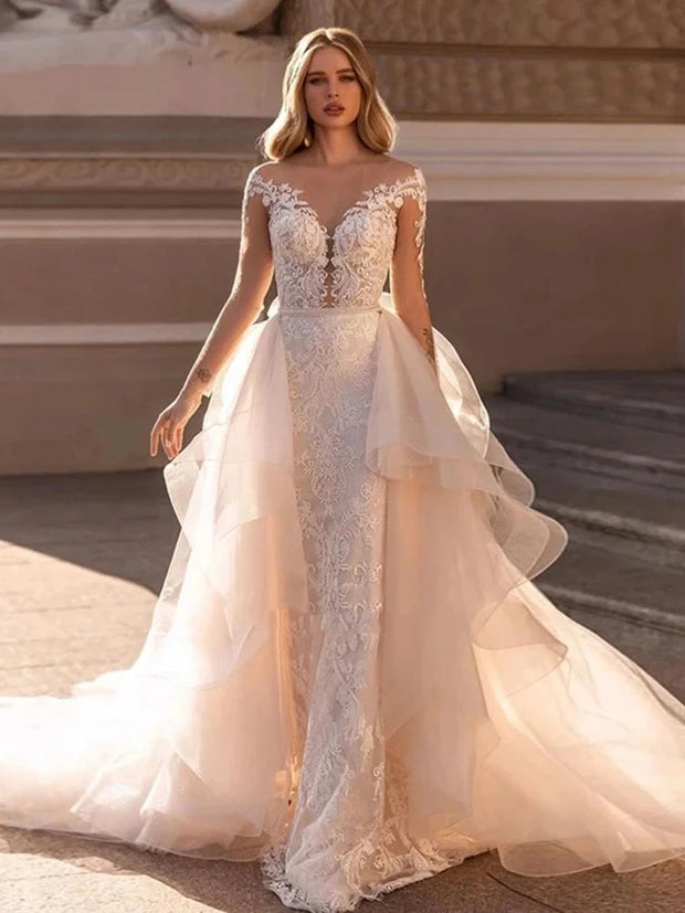 V-Neck Sheath Lace Full Sleeves Mermaid Wedding Dress