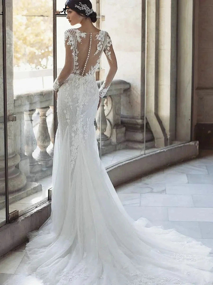 Detachable Train Long Sleeves Mermaid Wedding Dress