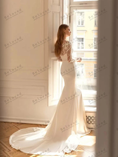 Elegant Wedding Dresses Modest Bridal Gowns Lace Appliques Satin Sheath Mermaid Floor Length Robes For Brides Vestidos De Novia