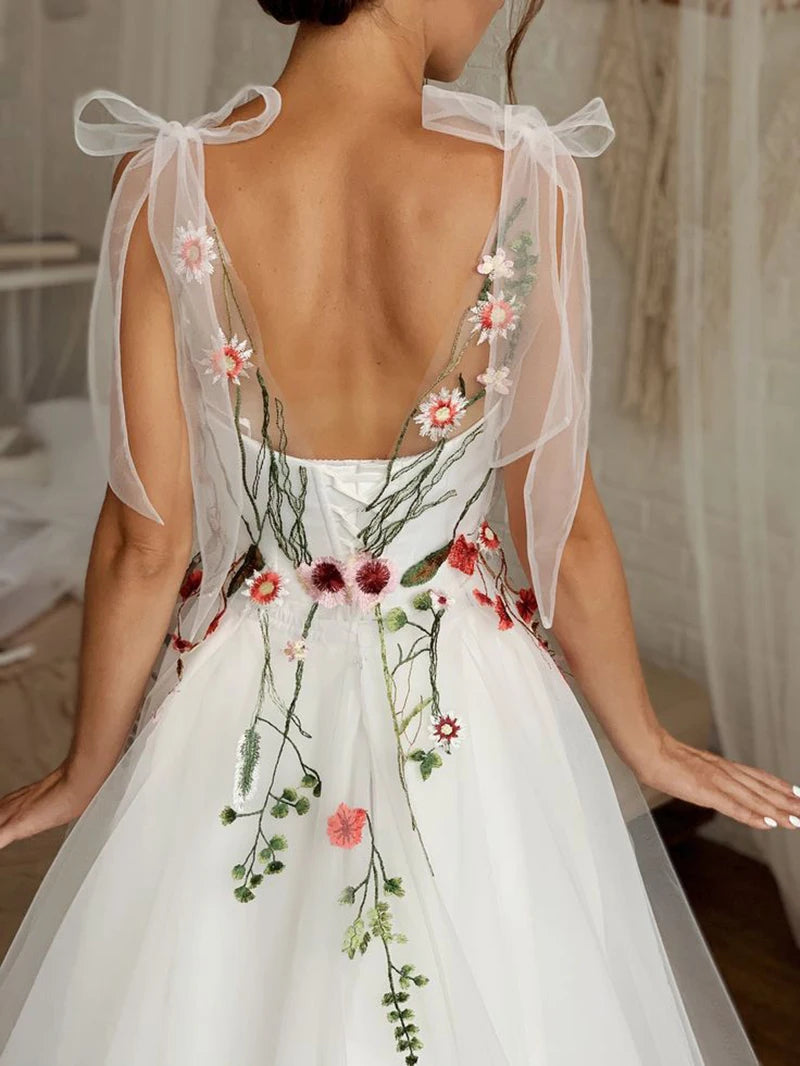 Embroidered Floral Lace Up A-Line Wedding Dress