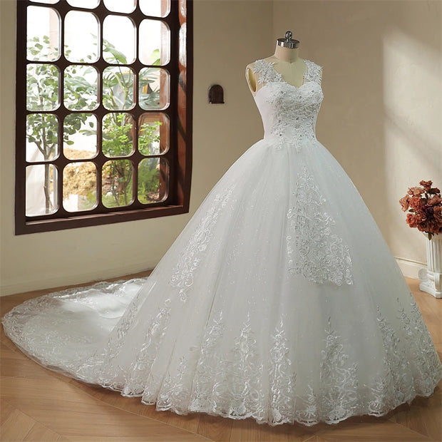 V Neck Long Train or Floor Length Appliqes Tulle  A Line Wedding Dress