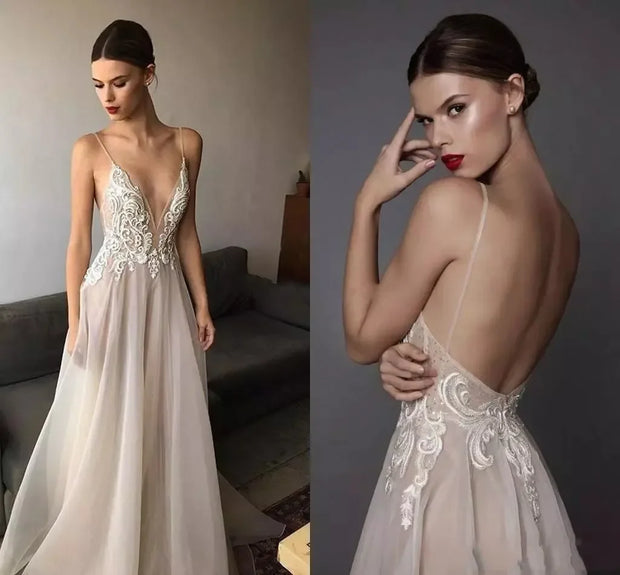 Spaghetti Straps Embroidered A-Line Wedding Dress