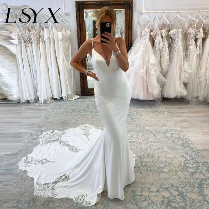 Deep V-Neck Sleeveless Backless  Spaghetti Straps Mermaid Wedding  Dress