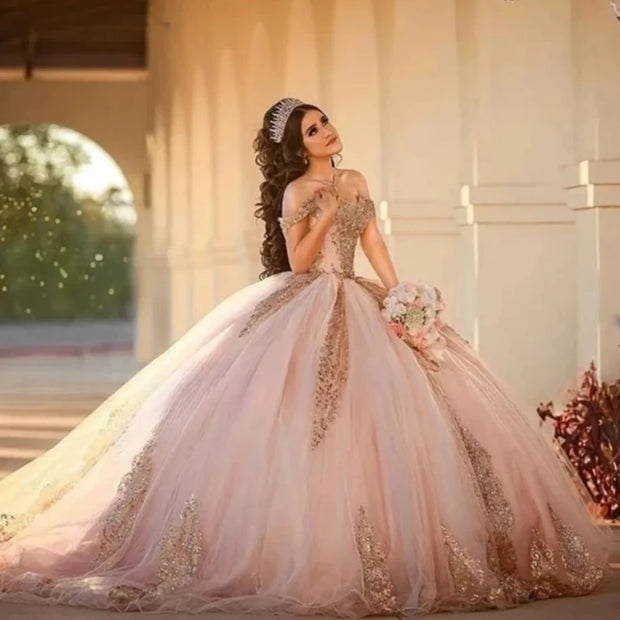 Sparkly Pink Rose Gold Quinceanera   Dress