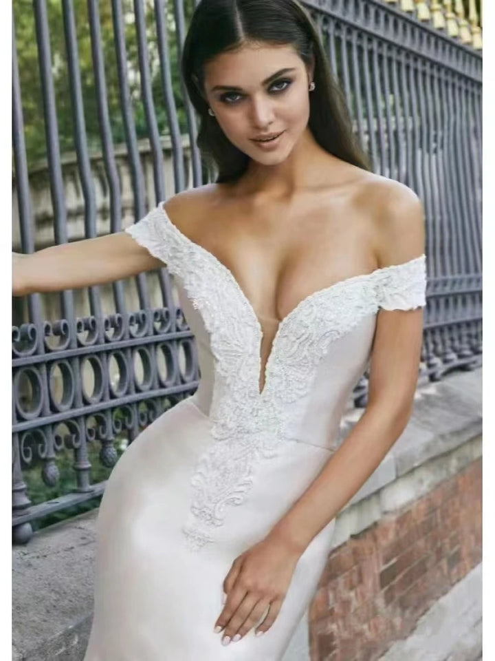 Satin Off The Shoulder Mermaid Wedding Dress