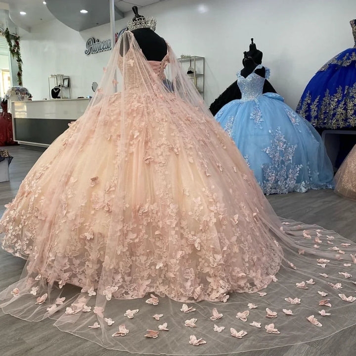 Lace Butterfies Princess Quinceanera Dress With Cape