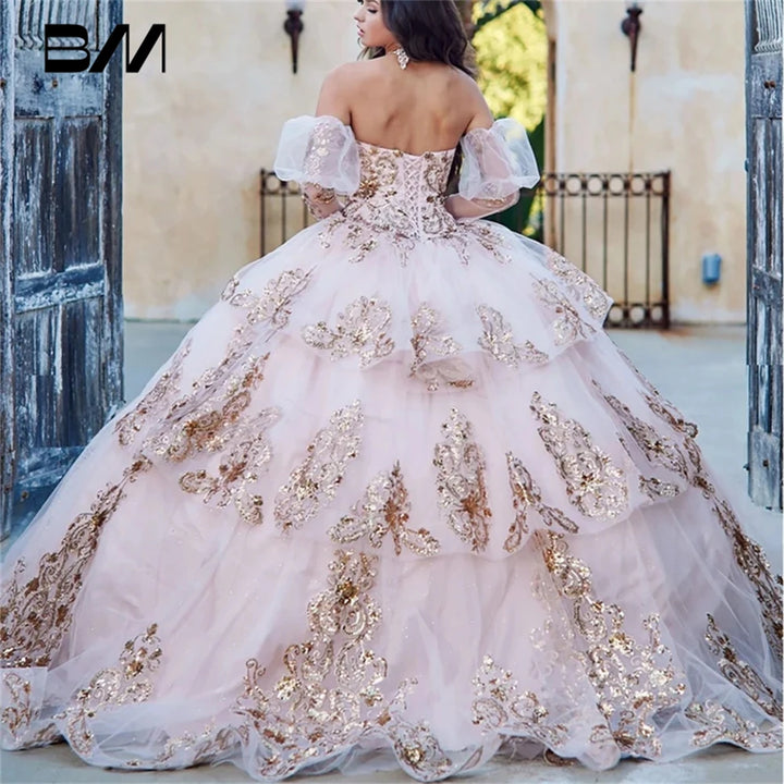 Detachable Puffy Sleeve Champagne | Gold Embroidered and Sequin Quinceanera  Dress