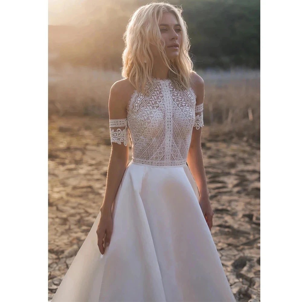 Round Neck Lace Print A-line Wedding Dress