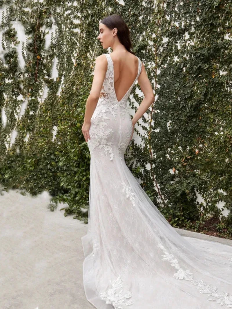 Backless Embroidered Mermaid Wedding Dress