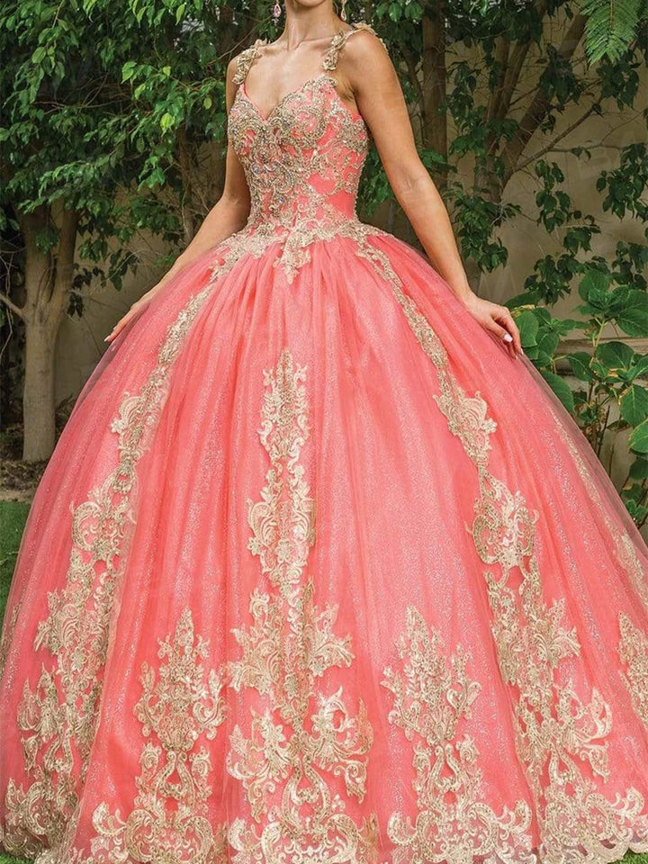 V Neck Golden Embellished Sweet 16 Quinceanera Dress