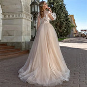 Luxury  applique lantern sleeve tulle  A Line wedding dress