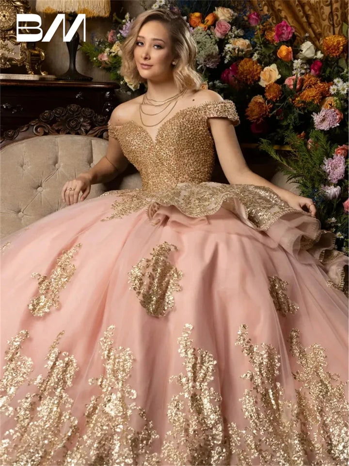 Gold Lace Ball Gown Off Shoulder Sweet 15 16 Quinceanera  Dress